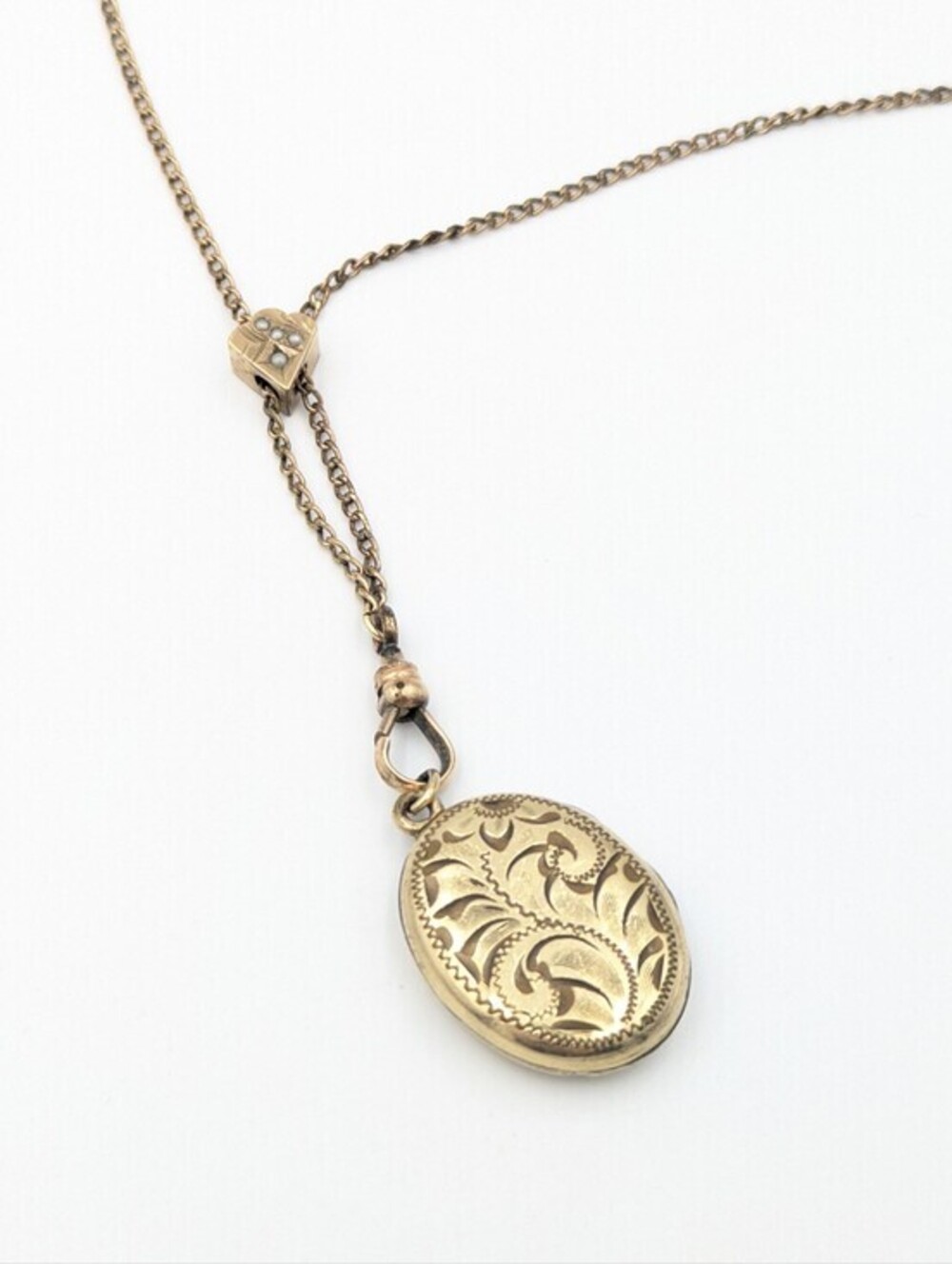 Antique Victorian locket watch long chain necklace with seed pearl slide